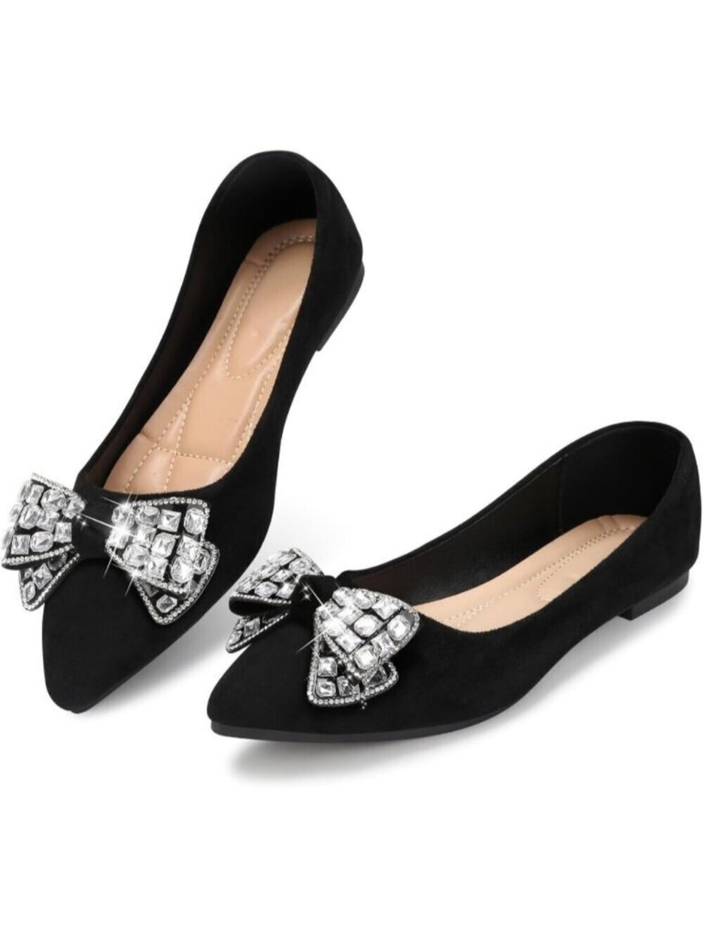 Women's All Black 1 Pointed Toe Pearl Flats Faux Suede Comfort Dress for Shoes